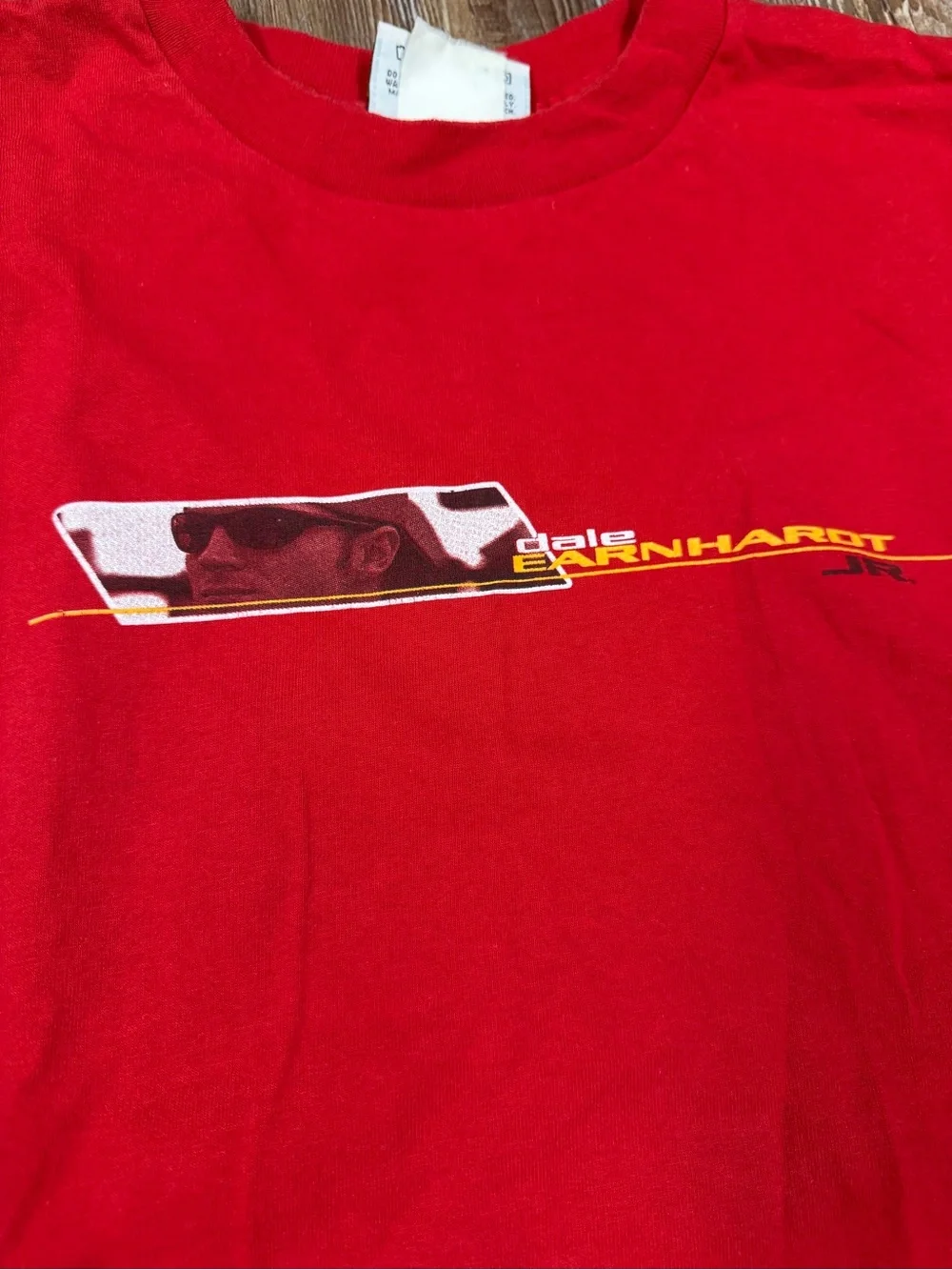 Vintage Red Dale Earnhardt Jr. NASCAR tee with graphic of a race car and the wor